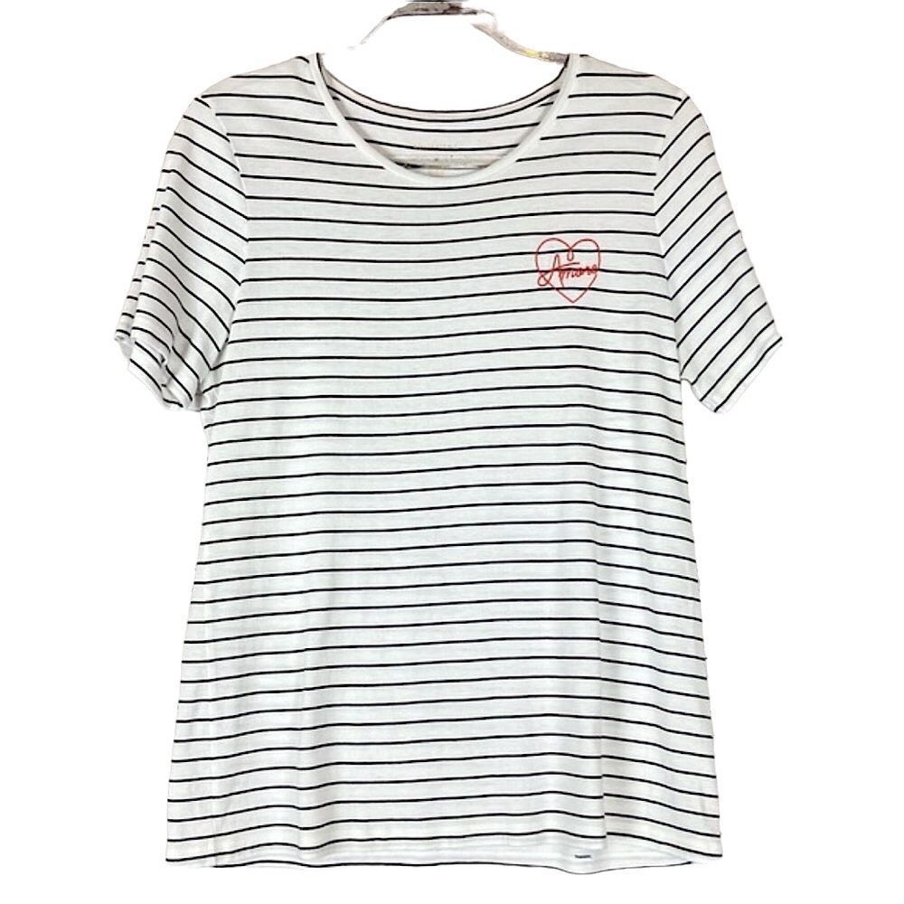 BANANA REPUBLIC White & Black Striped Amore Heart T-Shirt M